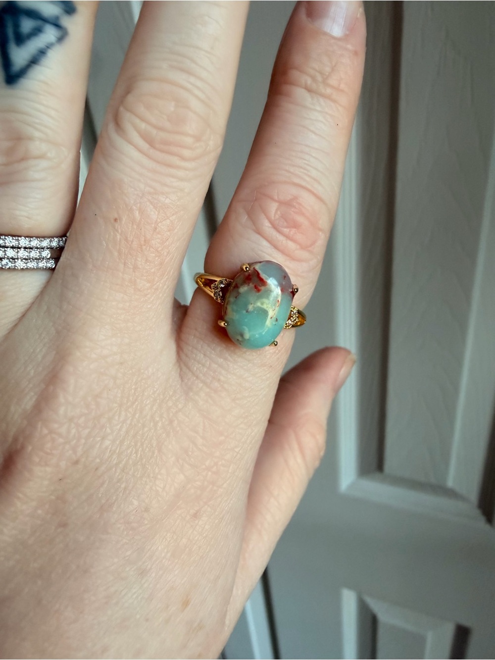 Gold-Plated Shousan (Jasper) Oval Statement Ring - Blue Green